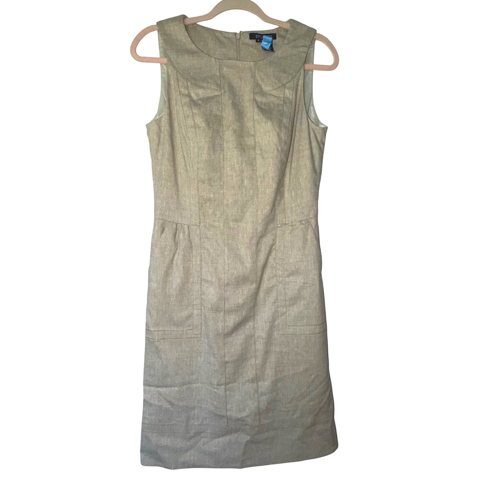 Etcetera Tan Linen Blend Sleeveless Sheath Dress Wide‎ Collar Pockets Size 6